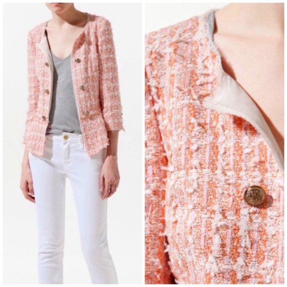 Zara Jackets & Blazers - Zara Pink / Orange Boucle Tweed Peplum Open Front Blazer Jacket Size XS